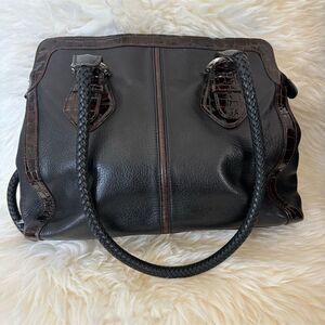 Brighton Black Crocodile Embossed Leather Satchel Bag Medium Top Handle Women's